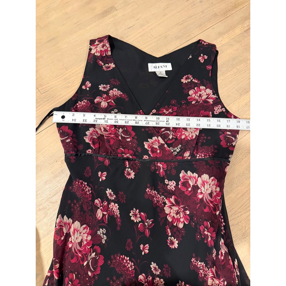 Alfani Womens 100% Silk Floral Midi Dress Black Burgundy V-Neck Sleeveless Sz 10 - Picture 4 of 5
